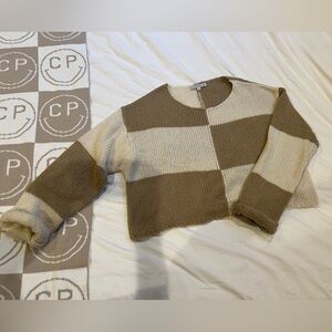 Miss Sparkling chunky checkered tan and white sweater